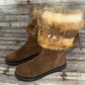 Stuart Weitzman Slip On Cap Toe Fox Fur Trim Suede Boots Size 7 Color Brown NEW